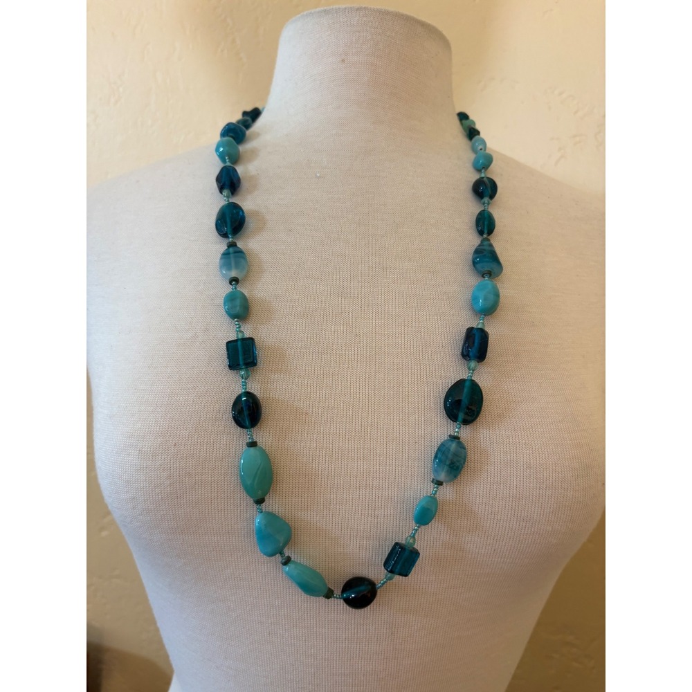 Turquoise and Teal Mixed Bead Long Statement‎ Necklace Silver Tone Adjustable
